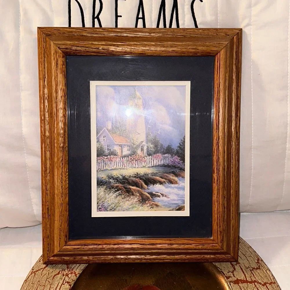 Vintage Stacked Wooden Frame with a Lighthouse Coastal Home Print